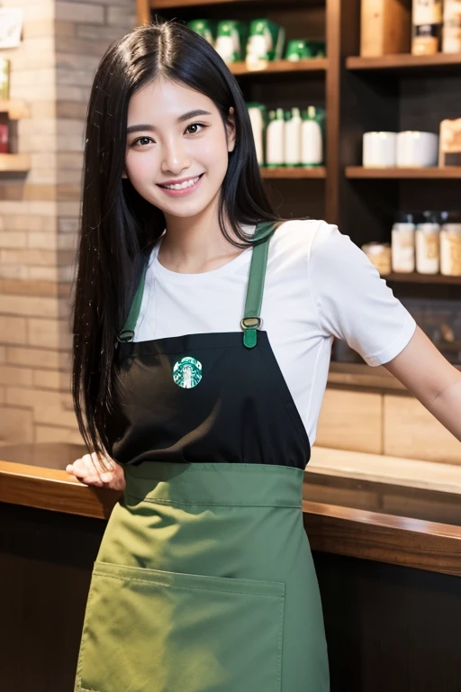 Black Hair sleek long hair 22 years old double double teeth smile refreshing Natural Makeup Super-Ultra-realistic high quality Starbucks ribbed knit and apron skinny pants Mole Starbucks Employee she'Brewing coffee stylish Height 160cm three size: 82.57.79