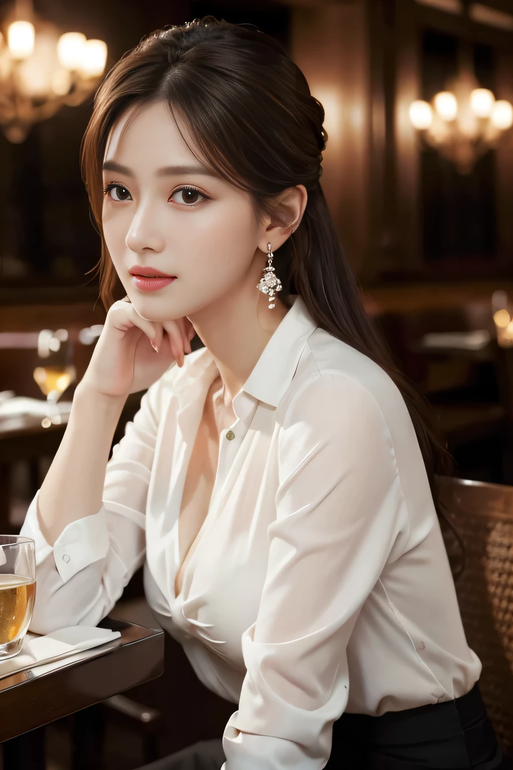 masterpiece, highest quality, Realistic, Very detailed, Finer details, High resolution, 8k wallpaper, One beautiful woman, Wear an elegant see-through shirt, In a great restaurant, At night, Light brown unkempt, Perfect dynamic composition, Beautiful and beautiful eyes、Big earrings、Sitting in a chair、