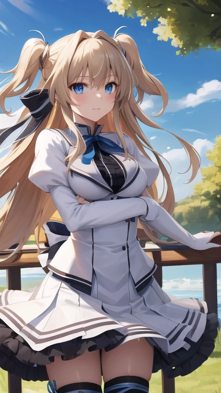 masterpiece, best quality, highres, 1girl, solo, long hair, blonde hair, two side up, (hair ribbon:1.1), blue eyes, neck ribbon, , white jacket, juliet sleeves, long sleeves, white skirt, thigh ribbon, black thighhighs, outdoors, cowboy shot, standing,