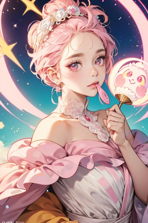 Madame Kiki has pink skin and a cream-colored face. She has oval-shaped eyes which have two white circles, and blue irises in the anime. She has pink cheeks, and a small, curvy mouth. She wears a fancy dress which is orange in the middle and light pink on top. The bottom of the dress has a light pink stripe, and a pink stripe with a row of cream circles. The dress also has fluffy white trim along the collar. Madam Kiki has an orange turban on her head with a pink star and four pink circles. She holds a pink fan in her left hand. SPARKLE; GLITTER
