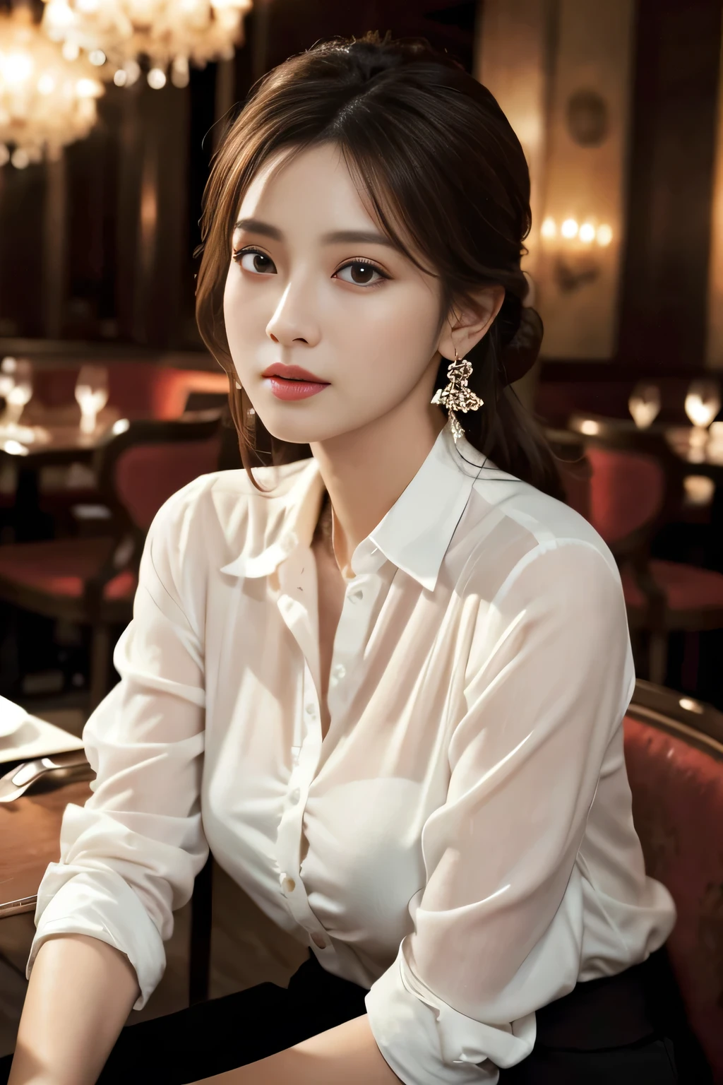 masterpiece, highest quality, Realistic, Very detailed, Finer details, High resolution, 8k wallpaper, One beautiful woman, Wear an elegant see-through shirt, In a great restaurant, At night, Light brown unkempt, Perfect dynamic composition, Beautiful and beautiful eyes、Big earrings、Sitting in a chair、