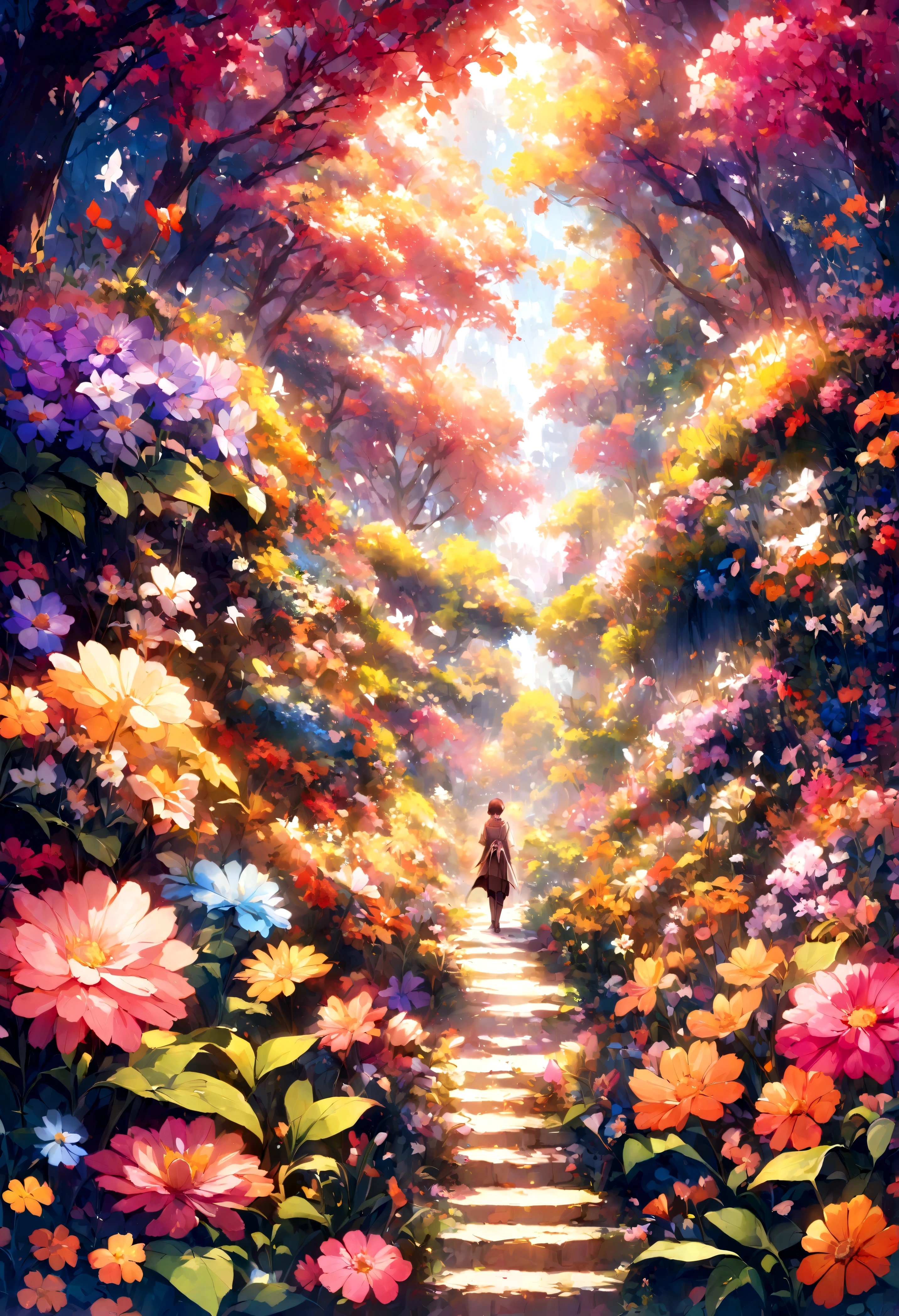 A beautiful detail, magical garden, surrounded by vibrant flowers, 