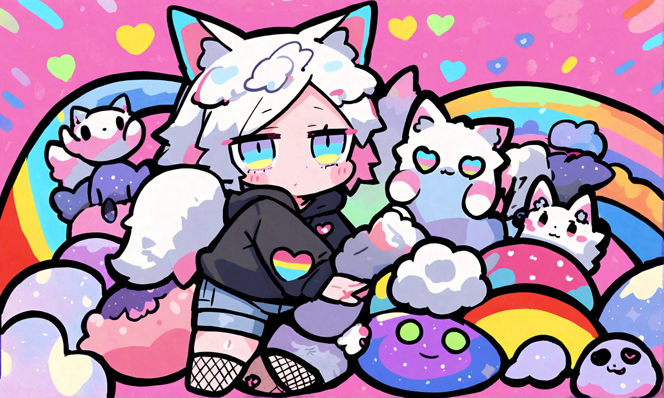 a cute chibi style adult male with wolf ears, white hair, has a wolf tail, wearing a loose cropped oversized black hoodie, wearing a pair of denim short shorts and fishnet stockings, thick thighs, wide hips, relaxing on mound of fluffy multi colored kawaii plushies, short, very slim, showing slender tummy, stretching out, heart on hoodie, squishy thighs, has glowing blue eyes. alone, solo (ALONE)(SOLO), surrounded by rainbows, colorful galaxy backround