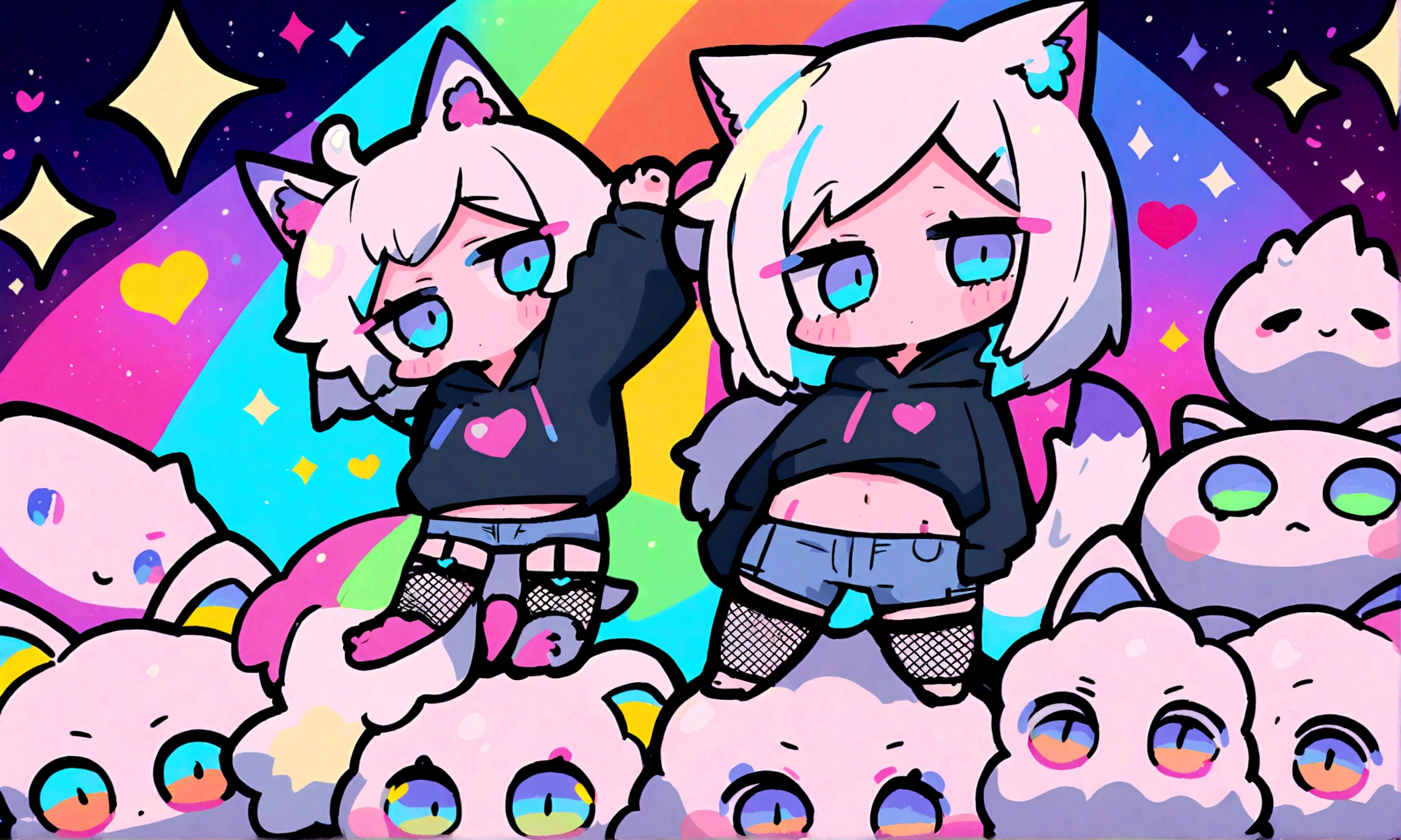 a cute chibi style adult male with wolf ears, white hair, has a wolf tail, wearing a loose cropped oversized black hoodie, wearing a pair of denim short shorts and fishnet stockings, thick thighs, wide hips, relaxing on mound of fluffy multi colored kawaii plushies, short, very slim, showing slender tummy, stretching out, heart on hoodie, squishy thighs, has glowing blue eyes. alone, solo (ALONE)(SOLO), surrounded by rainbows, colorful galaxy backround