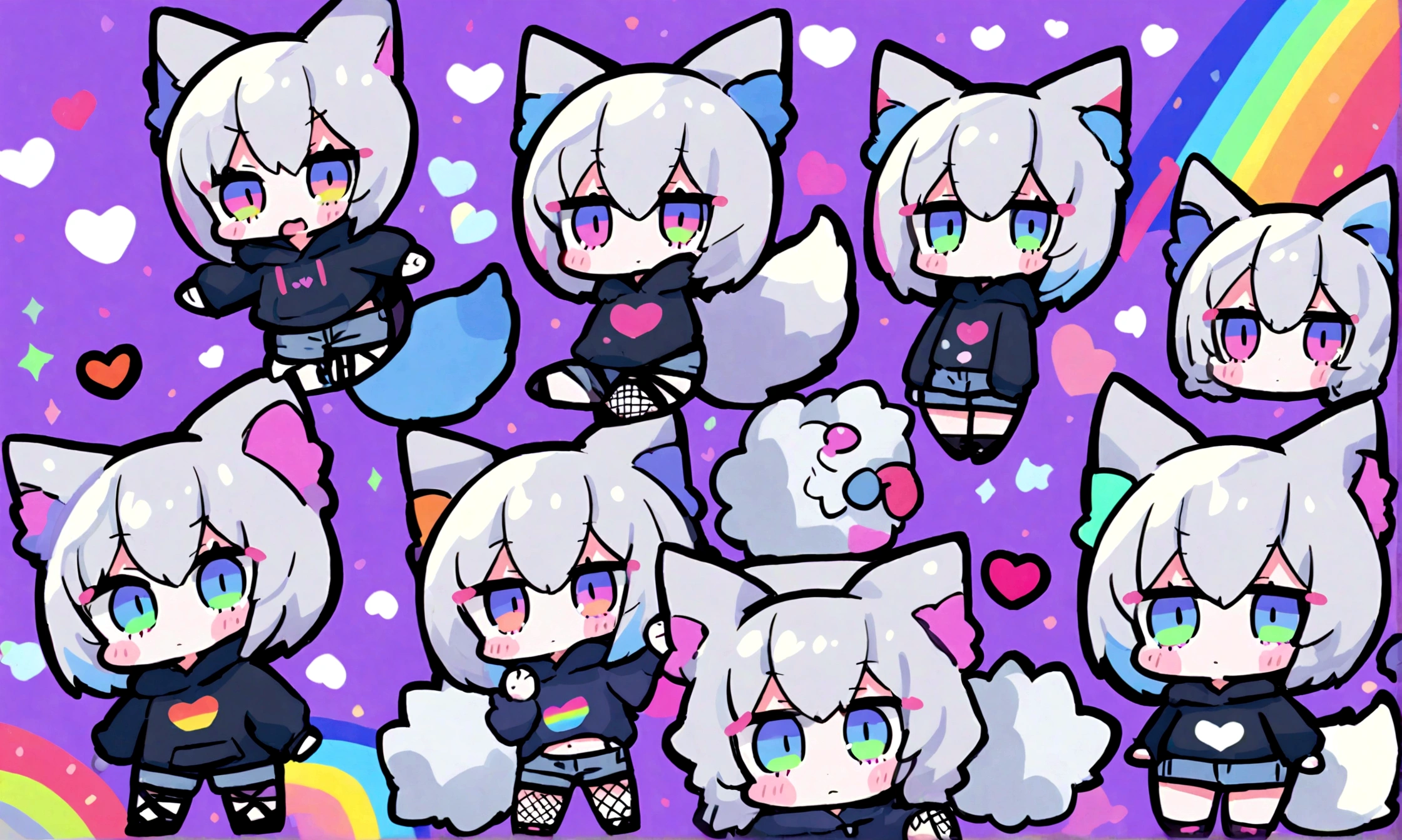 a cute chibi style adult male with wolf ears, white hair, has a wolf tail, wearing a loose cropped oversized black hoodie, wearing a pair of denim short shorts and fishnet stockings, thick thighs, wide hips, relaxing on mound of fluffy multi colored kawaii plushies, short, very slim, showing slender tummy, stretching out, heart on hoodie, squishy thighs, has glowing blue eyes. alone, solo (ALONE)(SOLO), surrounded by rainbows, colorful galaxy backround