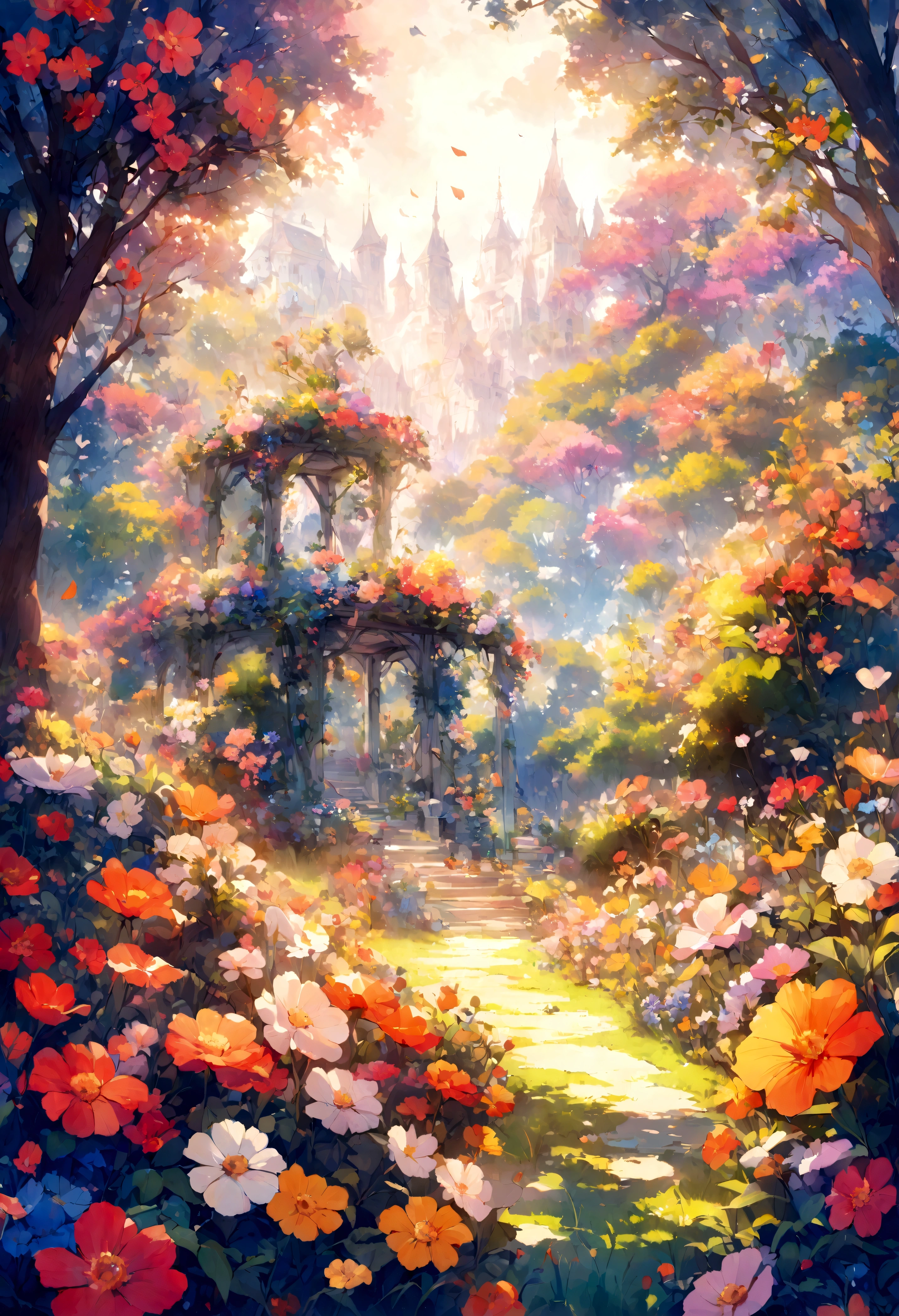 A beautiful detail, magical garden, surrounded by vibrant flowers,