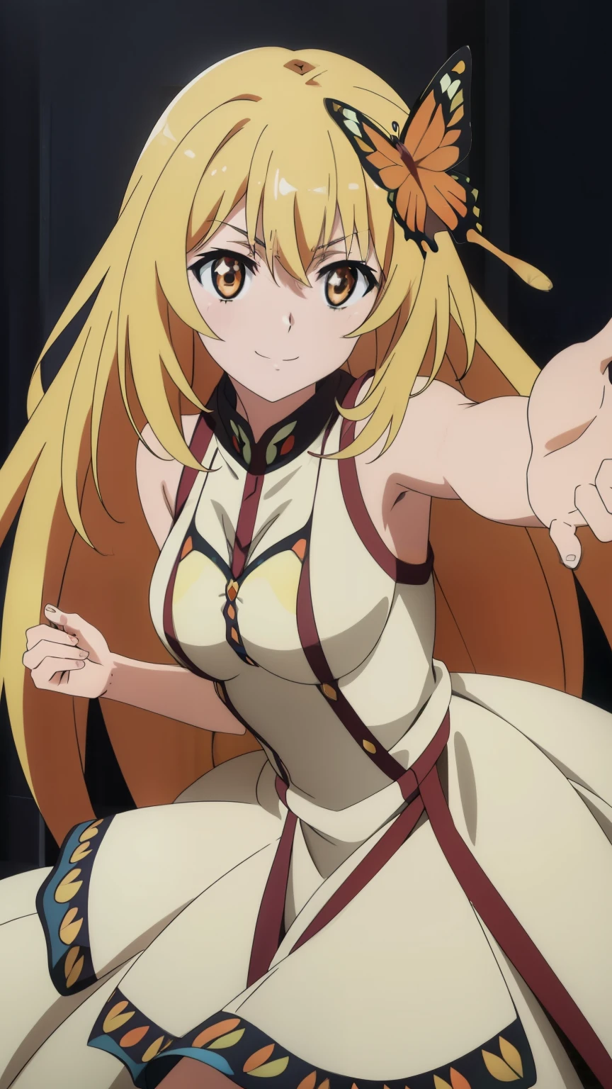 (highest quality, High resolution, 8k, masterpiece: 1.2), Very detailed, (Anime) , Misaki Shokuhou, orange eyes,with star-shaped irises, Beautiful character design, Perfect eyes, Perfect face, Expressive eyes, Perfect balance, smile, blonde, Long Hair, Large midchest, (butterfly dress:1.2), looking at the camera, Dynamic pose, Dynamic Angle, The gaze camera focuses on the center of the image,