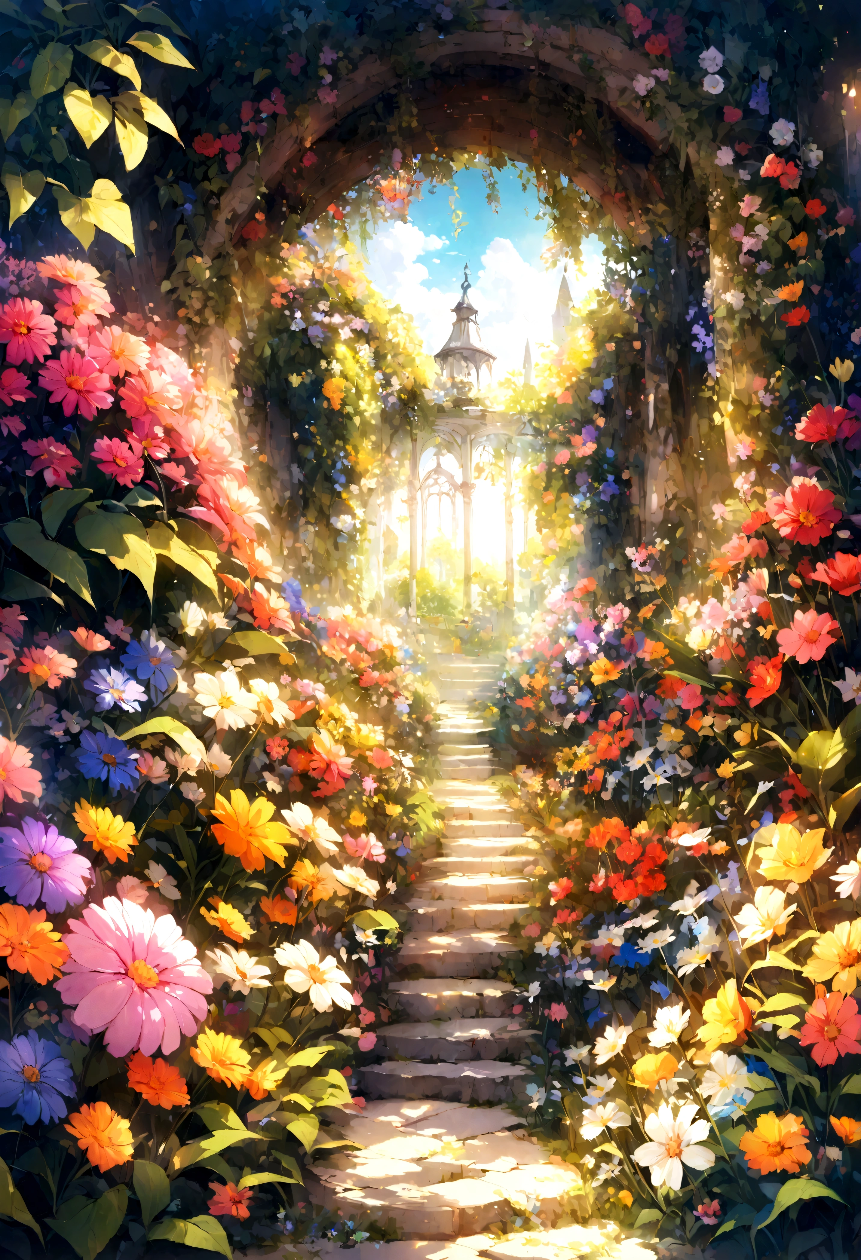 A beautiful detail, magical garden, surrounded by vibrant flowers,