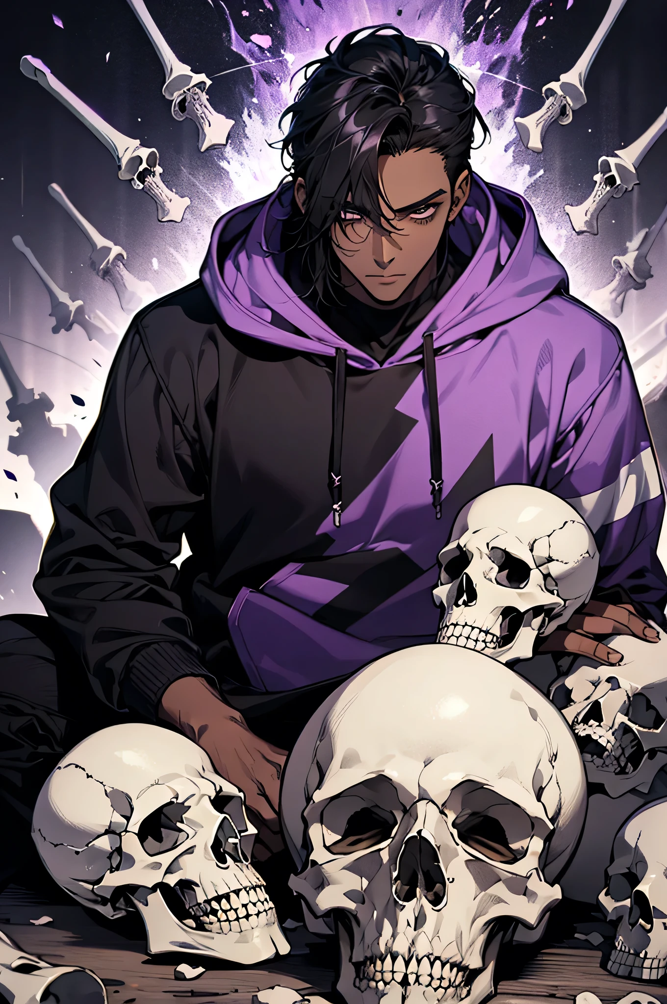 male laying on bones, skulls, bones, handsome, black, dark skin, tall, broad shoulders, black hair, purple, purple fire, magic, detailed face, fantasy, hoodie