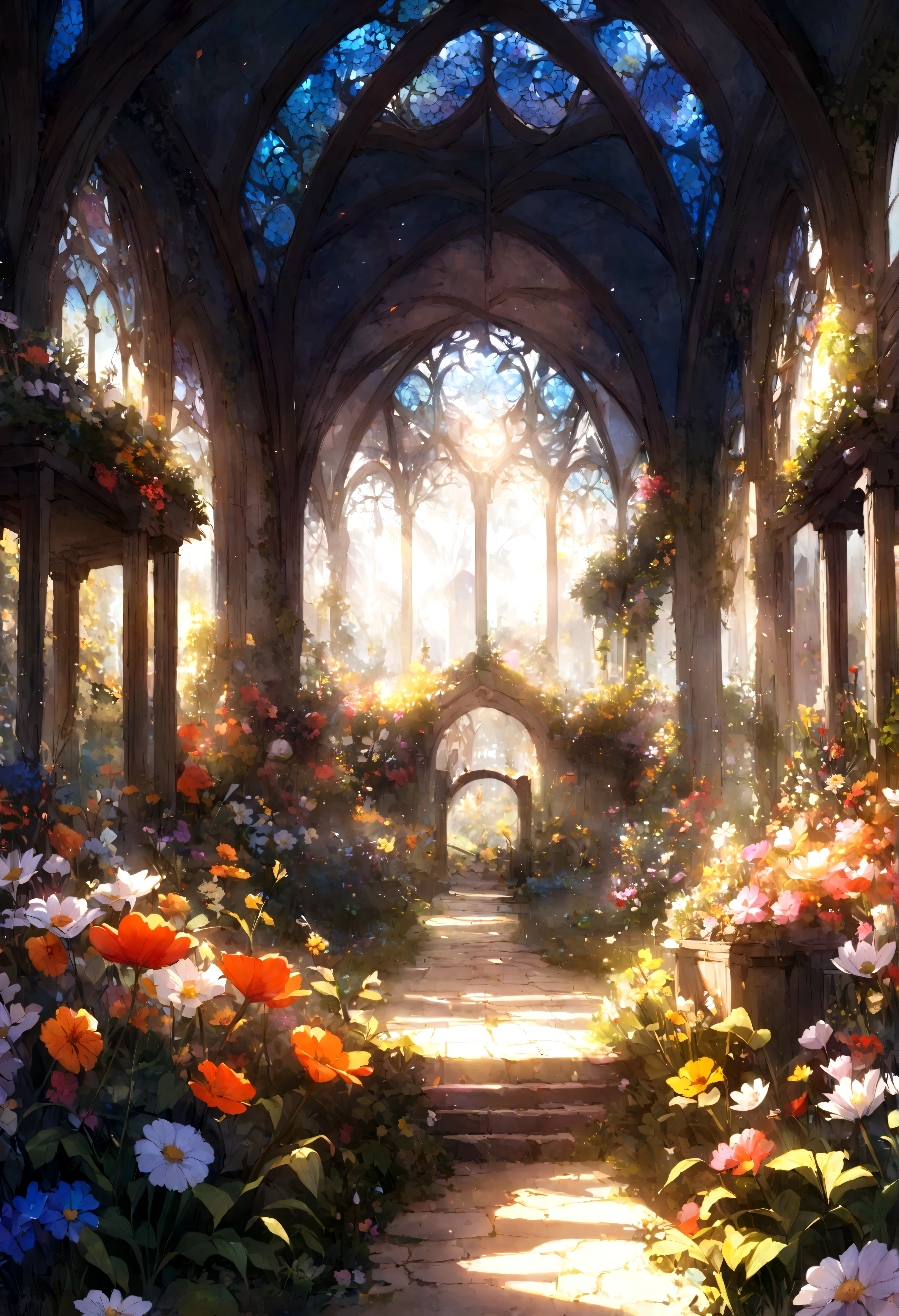 A beautiful detail, magical garden, surrounded by vibrant flowers,