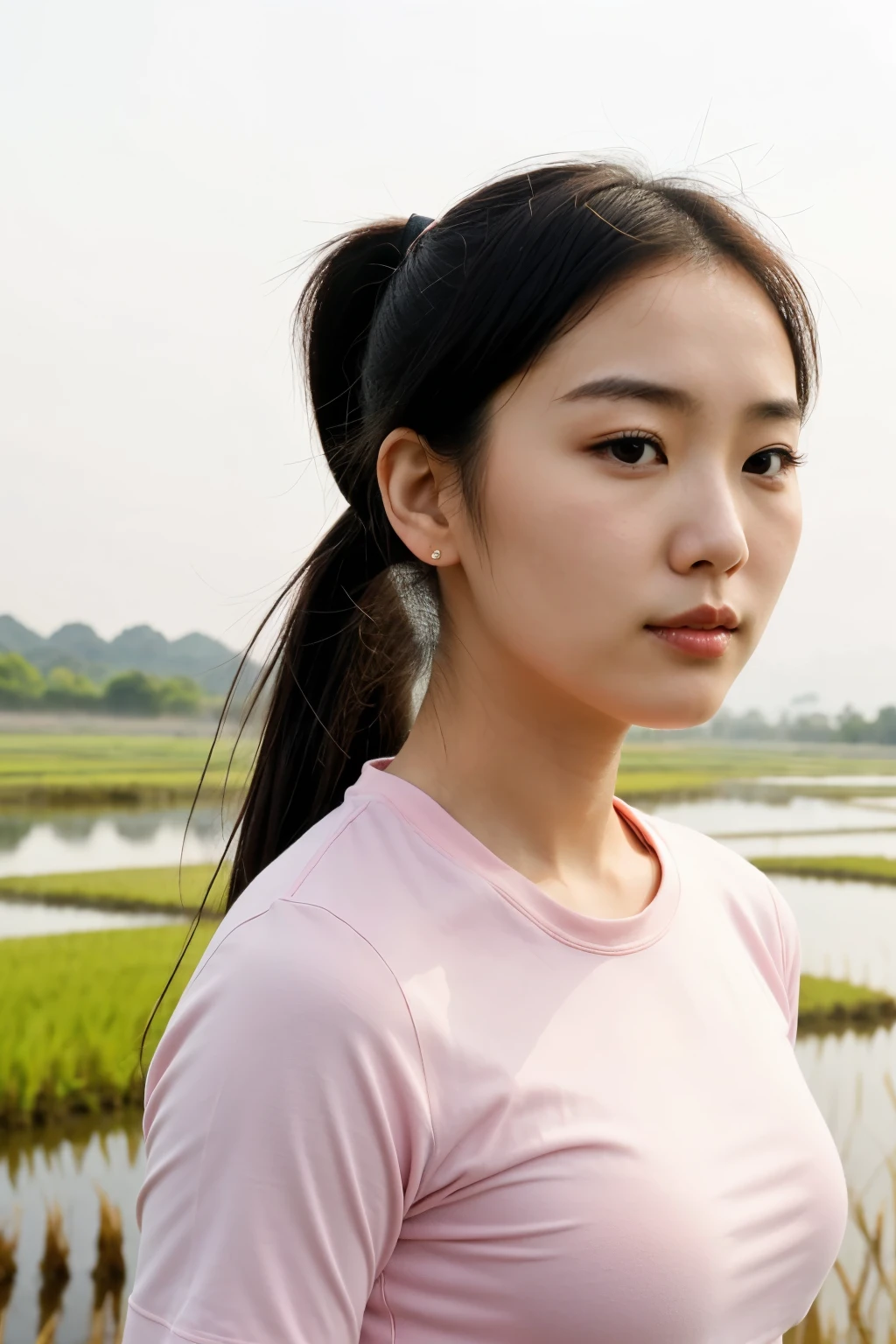 portrait photo, standing straight, full-face, close-up of a girl, 25 years old Korean woman in a pink tight-fitting top, medium-sized breasts, against the background of a rice field, black hair, gathered in a ponytail, fluttering in the wind.
