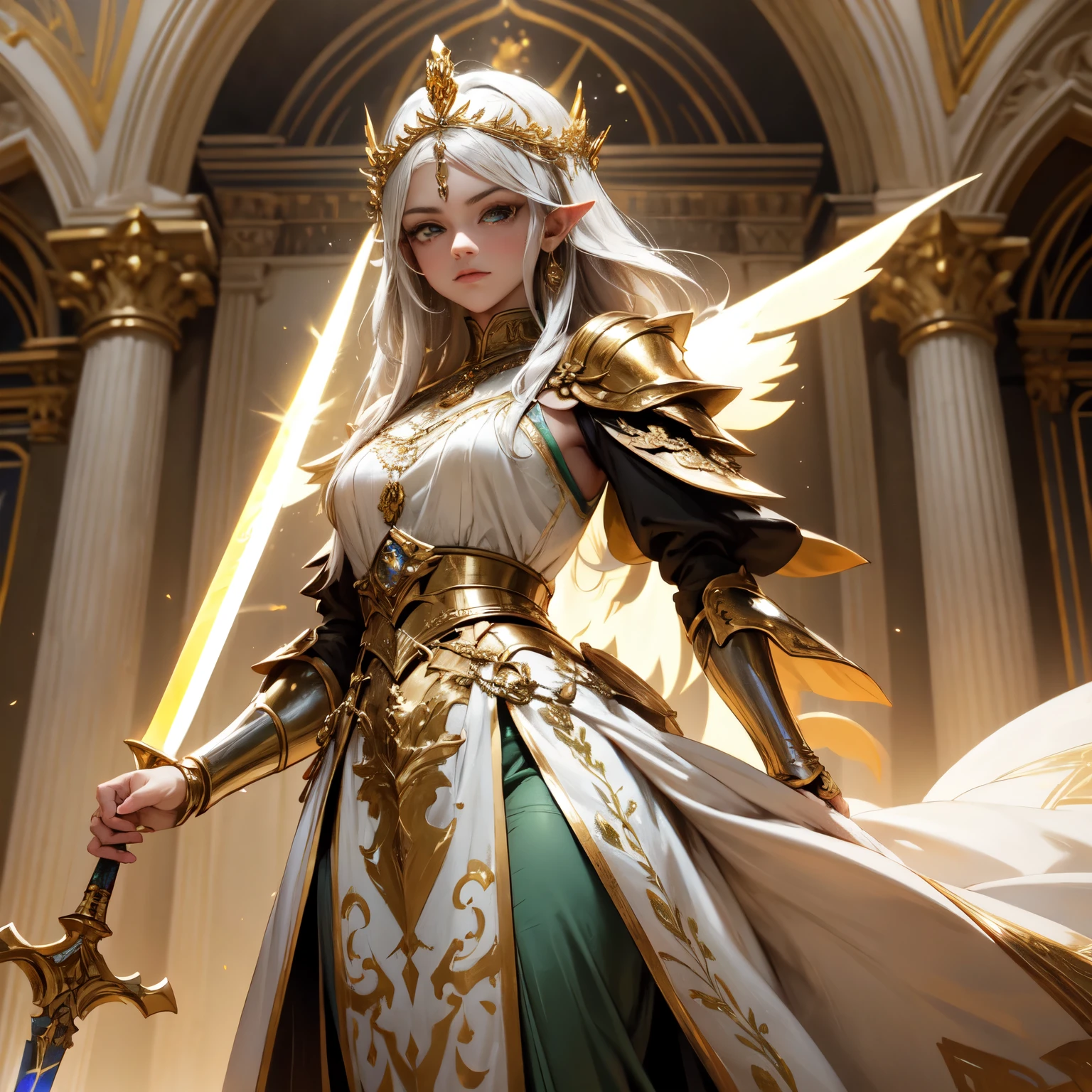 Crie uma imagem digital ultra HD de 8K de uma majestosa princesa elfa de cabelos castanhos escuros, longos e lisos, vestida com trajes de realeza, caminhando pelos corredores do castelo. A princesa tem olhos verdes brilhantes e pele morena. She is dressed in a royal robe of emerald green velvet with gold and silver trim., Adorned with magical jewels that glow softly. Ela usa uma coroa de ouro com pedras preciosas, gold bracelets on her wrists and a magical amulet around her neck. Nos corredores, a princesa empunha a Espada de Zeus. The sword is made of celestial gold and emits golden rays, with divine inscriptions along the blade that shine brightly. The hilt of the sword is adorned with small rays and lightning., simbolizando seu poder supremo. Ela segura a espada em uma pose de combate, pronta para defender o castelo, e ao seu redor, Electric sparks dance in the air. The Sword of Zeus is known for its ability to control thunder and lightning, e uma aura de poder divino emana dela, highlighting his dominance over the heavens. Tapestries of historical scenes, exposed armor and chandeliers that cast a soft light on the stone walls create a noble atmosphere. Janelas altas com vitrais coloridos filtram a luz do sol, creating a play of colors on the marble floor. Small niches throughout the hall contain statues of ancient elven kings and queens.. The image must capture the beauty and elegance of the hallways, with an atmosphere of history and nobility, highlighting the princess's interaction with the Sword of Zeus.