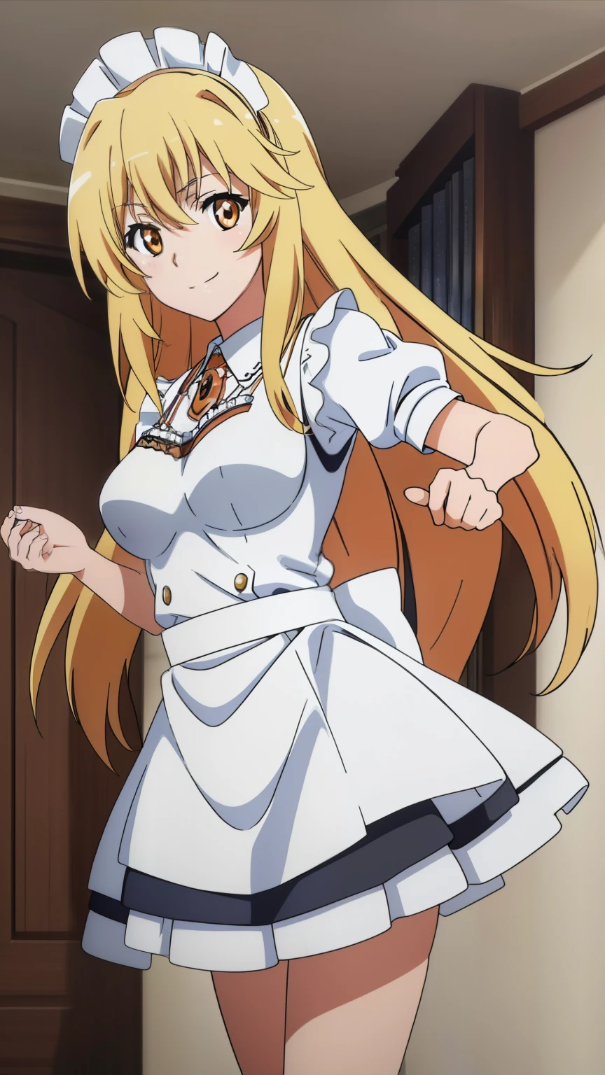 (highest quality, High resolution, 8k, masterpiece: 1.2), Very detailed, (anime), Misaki Shokuhou, orange eyes,with star-shaped irises, Beautiful character design, Perfect eyes, Perfect face, Expressive eyes, Perfect balance, smile, blonde, Long Hair, Large midchest, (Maid uniform:1.2), looking at the camera, Dynamic pose, Dynamic Angle, The gaze camera focuses on the center of the image,