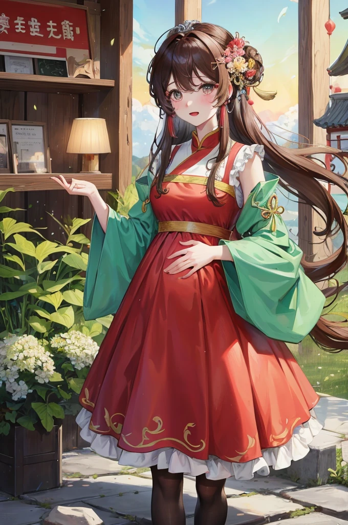 绝代夜满月1女China风ancient姐妹御姐微笑棕发Princess剪麻花辫双丸浅粉红唇, calm, Intellectuals, Zhongfa, Green Student, hairpin, Peach Blossom, Red clothes, best quality, Married woman， aldult, Chinese, China, elder sister,   hairpin，brown hair, Princess，Full of motherly love，purely，blush，Enthusiastic，Mother，Mature，fine，pregnant，wife，Pantyhose，Shy，Happy，Likeable，发hairpin，Double tail，ancient