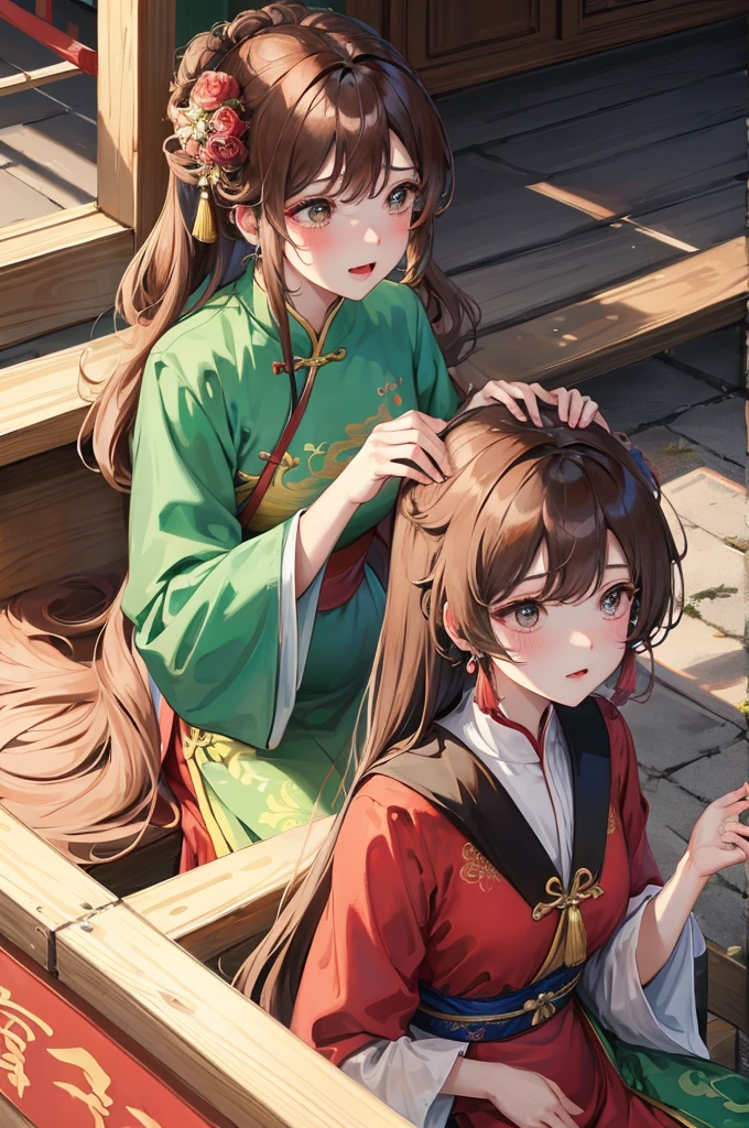 绝代夜满月1女China风ancient姐妹御姐微笑棕发Princess剪麻花辫双丸浅粉红唇, calm, Intellectuals, Zhongfa, Green Student, hairpin, Peach Blossom, Red clothes, best quality, Married woman, aldult, Chinese, China, elder sister, hairpin,brown hair, Princess,Full of motherly love,purely,blush,Enthusiastic,Mother,Mature,fine,pregnant,wife,Pantyhose,Shy,Happy,Likeable,发hairpin,Double tail,ancient