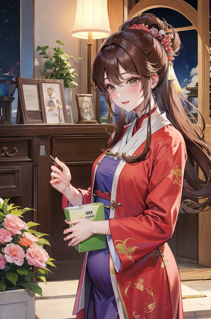 绝代夜满月1女China风ancient姐妹御姐微笑棕发Princess剪麻花辫双丸浅粉红唇, calm, Intellectuals, Zhongfa, Green Student, hairpin, Peach Blossom, Red clothes, best quality, Married woman， aldult, Chinese, China, elder sister,   hairpin，brown hair, Princess，Full of motherly love，purely，blush，Enthusiastic，Mother，Mature，fine，pregnant，wife，Pantyhose，Shy，Happy，Likeable，发hairpin，Double tail，ancient