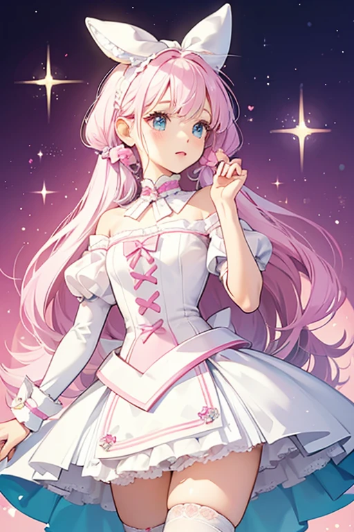 She is pink with white hair and a white dress. Her stockings are also white, and she has two pink ribbons in her hair. She has round ears on top of her head similar to Mametchi's, but smaller. SPARKLE; GLITTER