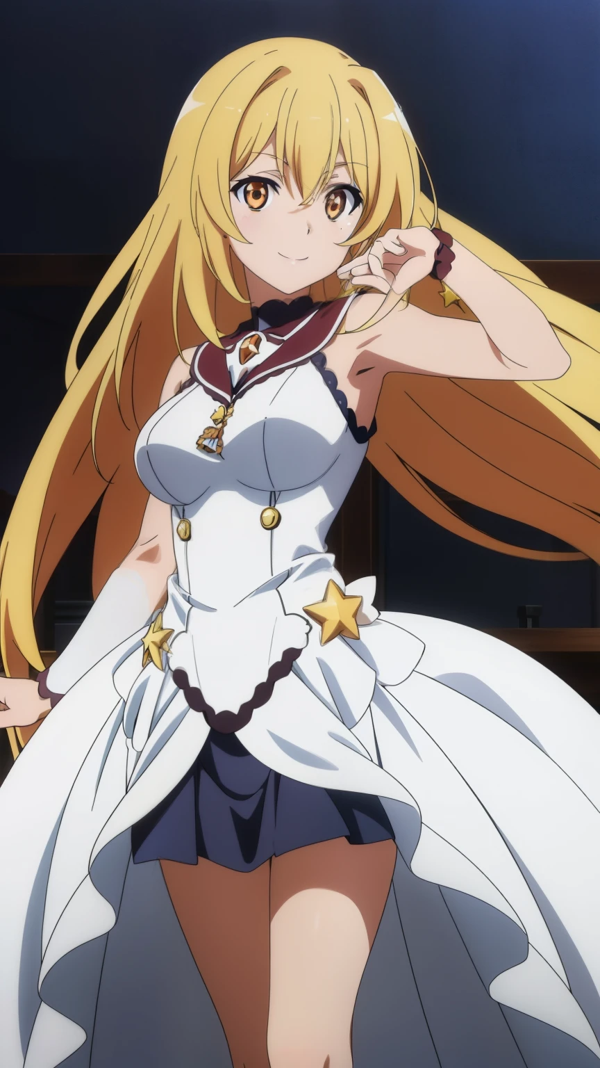 (highest quality, High resolution, 8k, masterpiece: 1.2), Very detailed, (anime), Misaki Shokuhou, orange eyes,with star-shaped irises, Beautiful character design, Perfect eyes, Perfect face, Expressive eyes, Perfect balance, smile, blonde, Long Hair, Large midchest, (outfit-timeless dress:1.2), looking at the camera, Dynamic pose, Dynamic Angle, The gaze camera focuses on the center of the image,