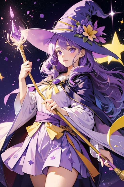 Magical Flower wears a purple cloak decorated with light purple flowers shapes. Her witch hat is decorated the same way with a light blue sash and yellow star. She also carries around a magic wand topped with a yellow flower and a broomstick that she uses to fly around. SPARKLE; GLITTER