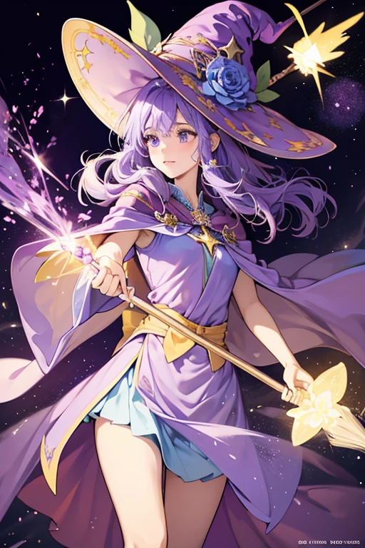 Magical Flower wears a purple cloak decorated with light purple flowers shapes. Her witch hat is decorated the same way with a light blue sash and yellow star. She also carries around a magic wand topped with a yellow flower and a broomstick that she uses to fly around. SPARKLE; GLITTER