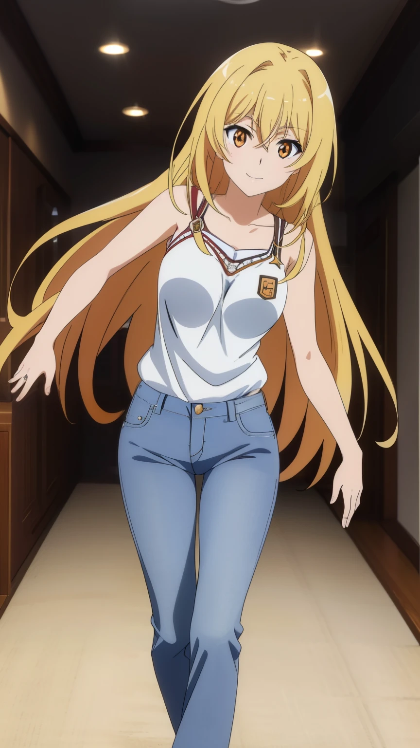 (highest quality, High resolution, 8k, masterpiece: 1.2), Very detailed, (anime), Misaki Shokuhou, orange eyes,with star-shaped irises, Beautiful character design, Perfect eyes, Perfect face, Expressive eyes, Perfect balance, smile, blonde, Long Hair, Large midchest, (jeans_lure_clothing:1.2), looking at the camera, Dynamic pose, Dynamic Angle, The gaze camera focuses on the center of the image,