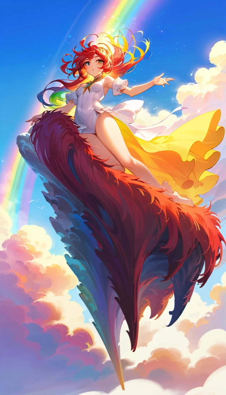 A stunningly ethereal figure, composed of a dazzling array of rainbow hues, reclines gracefully at the end of a radiant rainbow on fluffy clouds in the sky. Bathed in dynamic and enchanting lighting, accentuates her vibrant, full-bodied form. Fantasy art. Masterpiece 