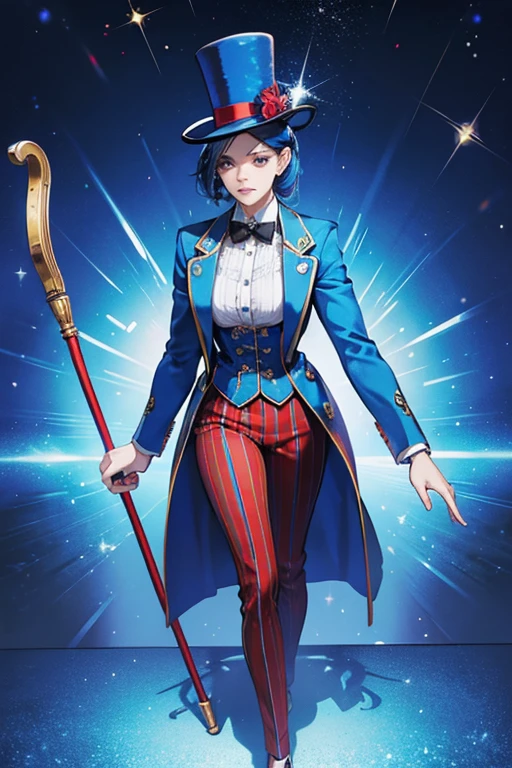 she wearing a blue top hat with a red stripe, a blue suit, and a walking cane. SPARKLE; GLITTER