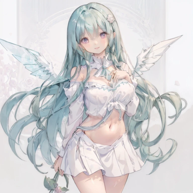 1 girl、Mature、Ample breasts、Aqua Hair、Long Hair、Curly Hair、Pink Eyes、White Dress、Shoulder Bare、Thighs、Belly button、Big white wings、White Rose、look back、High resolution、highest quality、smile、Miniskirt