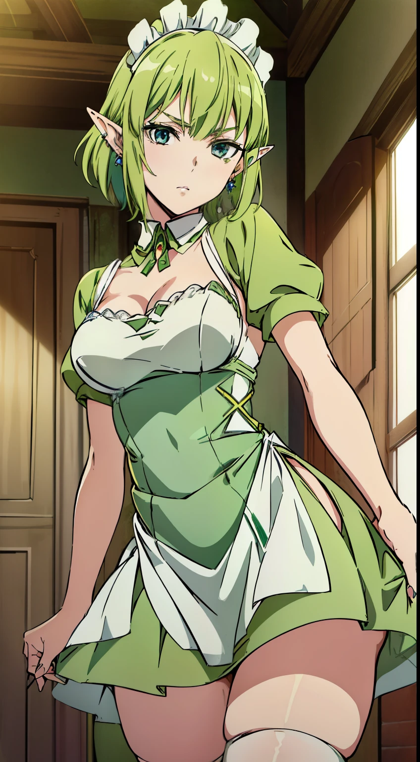 masterpiece,highest quality,(anime),2D,Detailed face,
1 girl, alone, pointy ears, green hair, goblin, blue eyes, short hair,green hair,(Maid uniform,earrings:1.2),dynamic Angle,(lively_color:1.2) (beautiful_medium breasts:1.3), (beautiful_face:1.4),(beautiful_thighs:1.1),