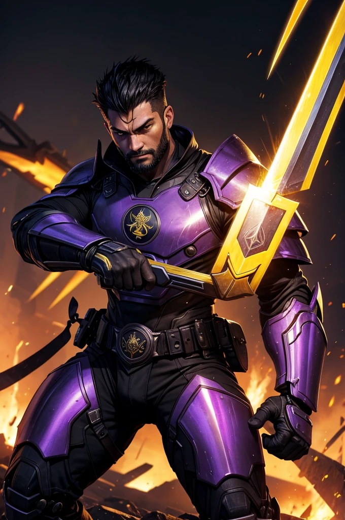 warrior man.cybernetic.black plow with yellow Raí.purple swords