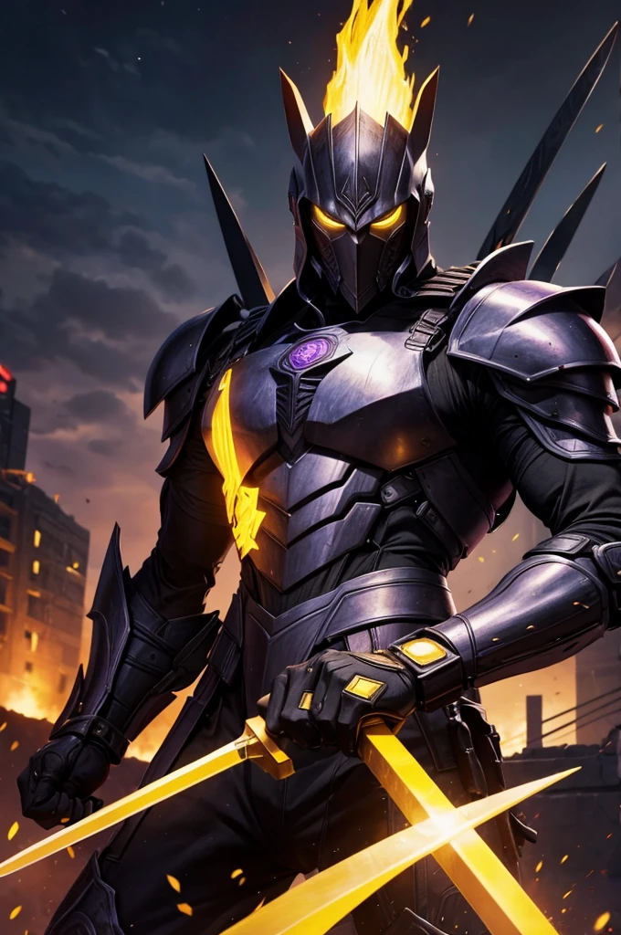 warrior man.cybernetic.black plow with yellow Raí.purple swords