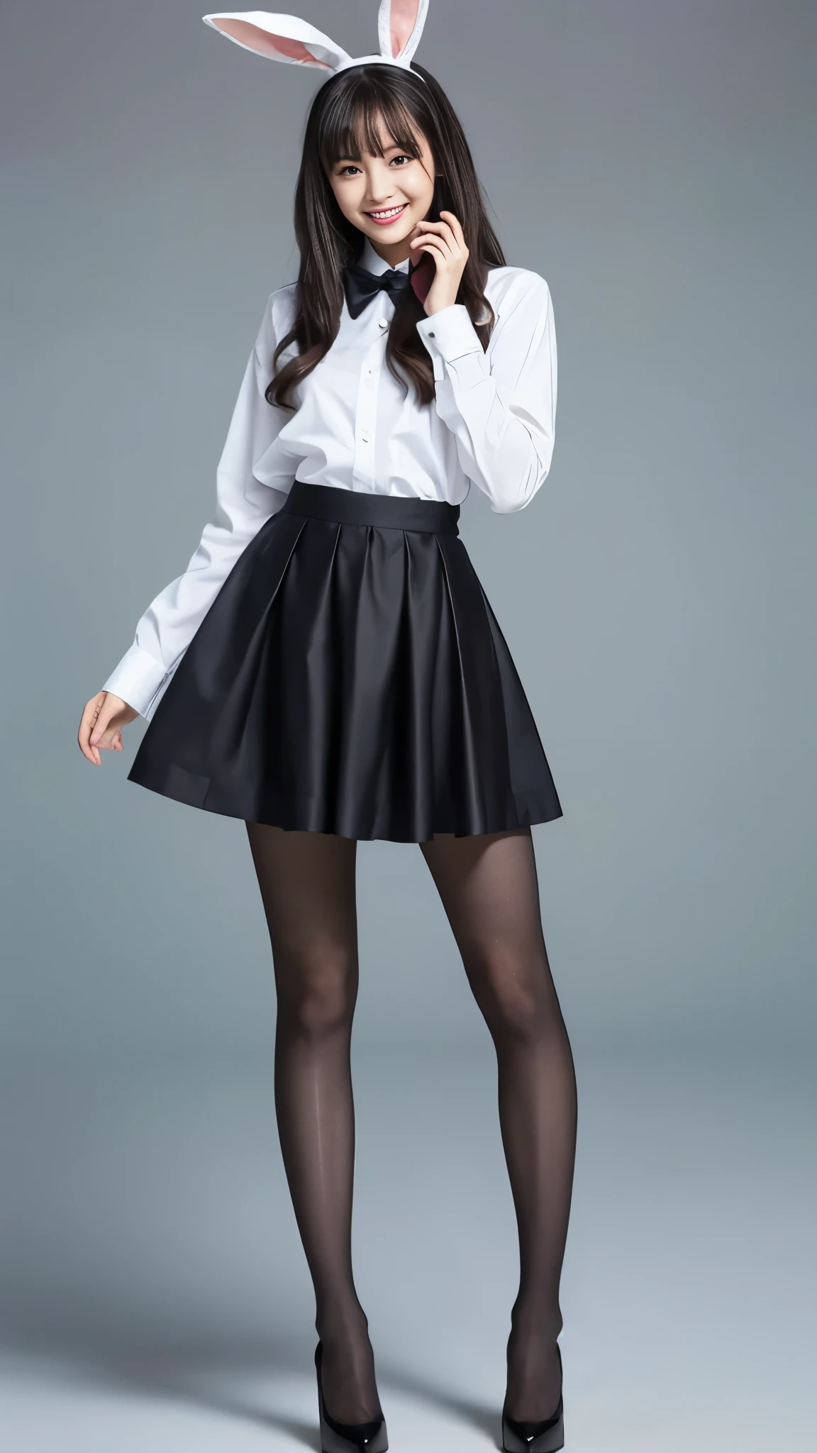 Bunny girl in maid clothes:1.5,Wearing black tights:1.5,The best smile:1.5,Full Body Shot:1.5,Gray background:1.5,Wearing black high heels:1.5,Fluttering mini skirt:1.5