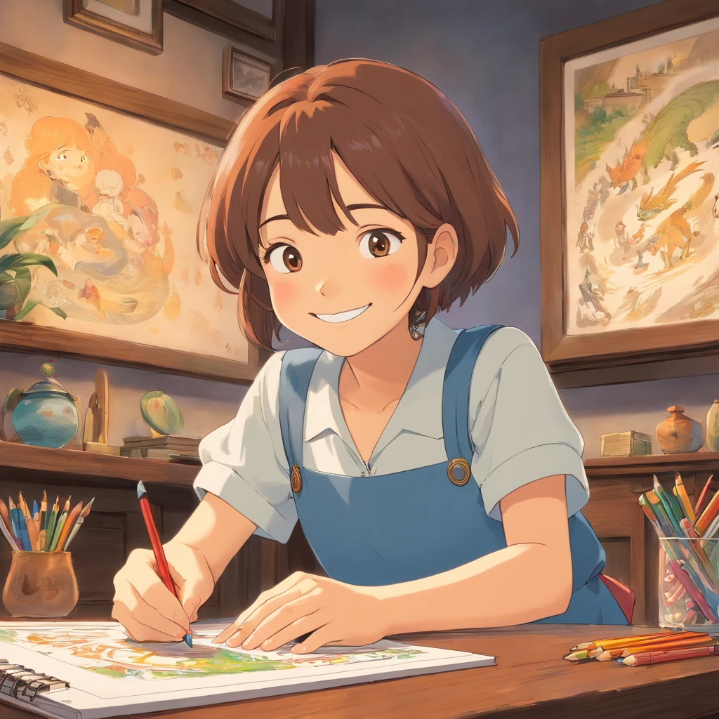 "A smiling while showing a drawing or school project, recebendo elogios de um adulto."