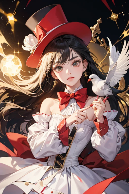 she has yellow skin and a white face. sHe wears a magician's outfit with a red bow, and a top hat with a pigeon on top of it. SPARKLE; GLITTER