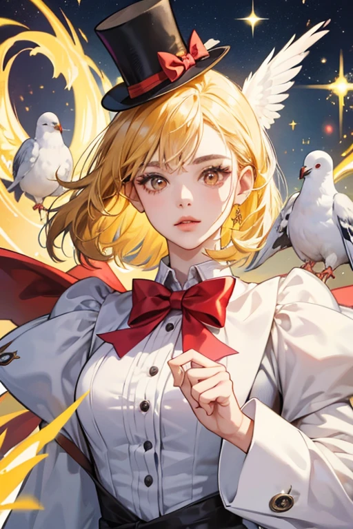 she has yellow skin and a white face. sHe wears a magician's outfit with a red bow, and a top hat with a pigeon on top of it. SPARKLE; GLITTER