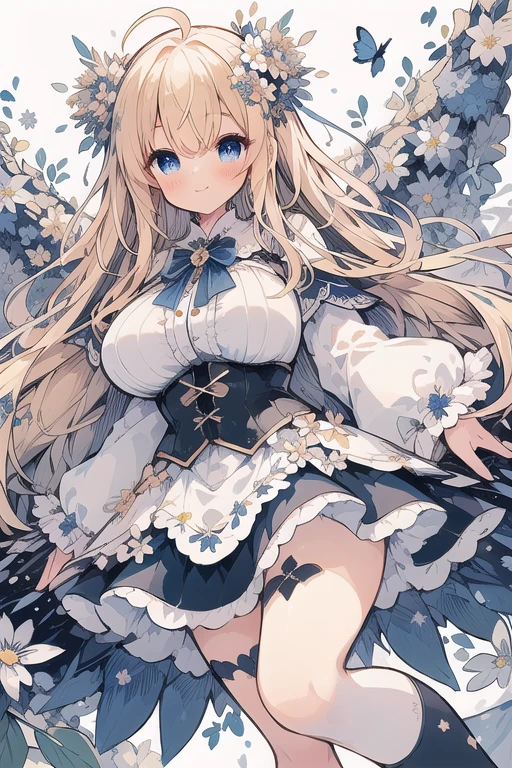 One girl,alone,low length,(Long Hair),blue eyes,Blonde Hair,(Ahoge),plump,Big thighs,Big Breasts, White blouse,White long sleeve,
Dark blue corset,Dark Blue Skirt,Black knee socks, smile,Mouth closed, Depth,(From above),Dynamic Angle,
Flower Wings,random flowers