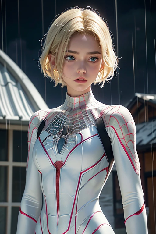 18 yo girl, white spider man suit, short blunt hair, blonde, beautiful face, rain, roof, masterpiece, intricate detail, perfect anatomy
