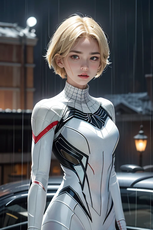 18 yo girl, white spider man suit, short blunt hair, blonde, beautiful face, rain, roof, masterpiece, intricate detail, perfect anatomy