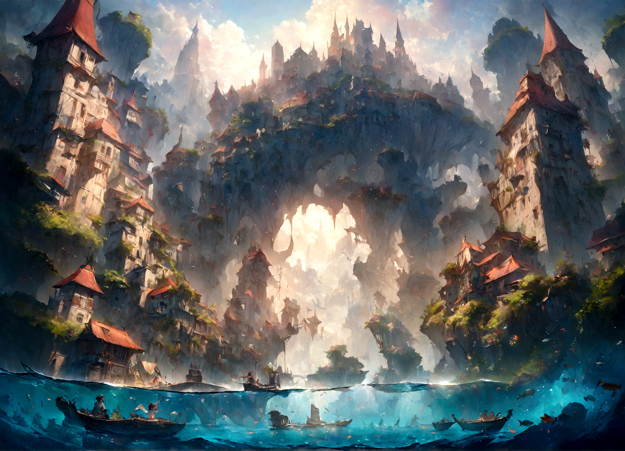color (Dream Story: 1.2), (Hayao Miyazaki style), (irregular buildings, Things that float on the sea), Patchwork hat, Floral decoration, Light, Concept drawing inspired by Andreas Rocha, Artstation Contest Winners, Dream Story-Kunst, (an underwater city), Ross Tran, Lightシャフト, Realistic lighting, masterpiece, high quality, Beautiful graphics, High level of detail, masterpiece, high quality, Beautiful graphics, High level of detail, --v6