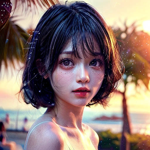 Tiny girl wearing red tube-top dress, Stroll along evening Beach, (Acutance:0.85), Masterpiece of 8K Ultra-detailed, (VolumetricLighting), SmoothShading, (RAW photorealistic:1.37), (Close-up:1.4), (Gazing at the sunseting colorful sky) (Dazzling bokeh:1.25), { (Golden ray illuminating face) | (Vivid Photon Particles:1.26) | (Gust of wind) } . (((Extremely detailed a face variation of NOGIZAKA girls))), perfect anatomy, Childish, captivating gaze, elaborate detailed Eyes with (sparkling highlights:1.3), long eyelashes、Glossy RED Lips with beautiful details, Coquettish tongue, Rosy cheeks, ((Detailed Flawless natural Skin Radiant PearlSkin with clear transparency)) , SilkyHair. { (Dynamic joyful expressions) | (:d) }, (no Large eyes, no tree, no mole).
