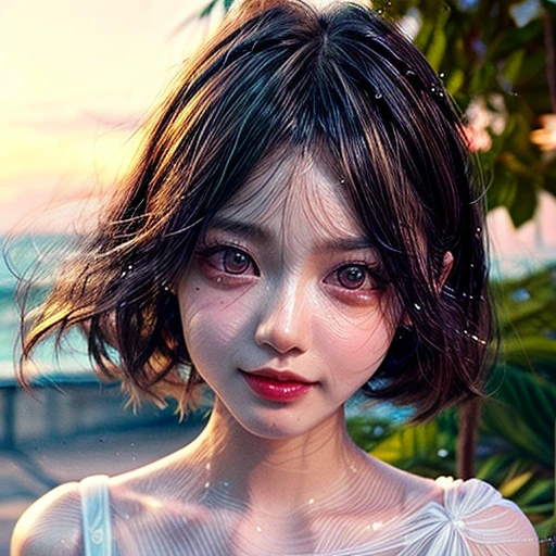 Tiny girl wearing red tube-top dress, Stroll along evening Beach, (Acutance:0.85), Masterpiece of 8K Ultra-detailed, (VolumetricLighting), SmoothShading, (RAW photorealistic:1.37), (Close-up:1.4), (Gazing at the sunseting colorful sky) (Dazzling bokeh:1.25), { (Golden ray illuminating face) | (Vivid Photon Particles:1.26) | (Gust of wind) } . (((Extremely detailed a face variation of NOGIZAKA girls))), perfect ???????, Childish, captivating gaze, elaborate detailed Eyes with (sparkling highlights:1.3), long eyelashes、Glossy RED Lips with beautiful details, Coquettish tongue, Rosy cheeks, ((Detailed Flawless natural Skin Radiant PearlSkin with clear transparency)) , SilkyHair. { (Dynamic joyful expressions) | (:d) }, (no Large eyes, no tree, no mole).