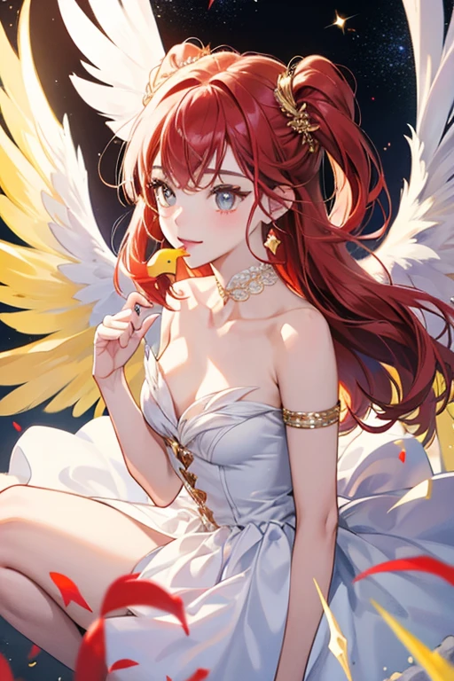 she appearance is a red heart with a yellow beak, and two white wings reminiscent of an angel. SPARKLE; GLITTER