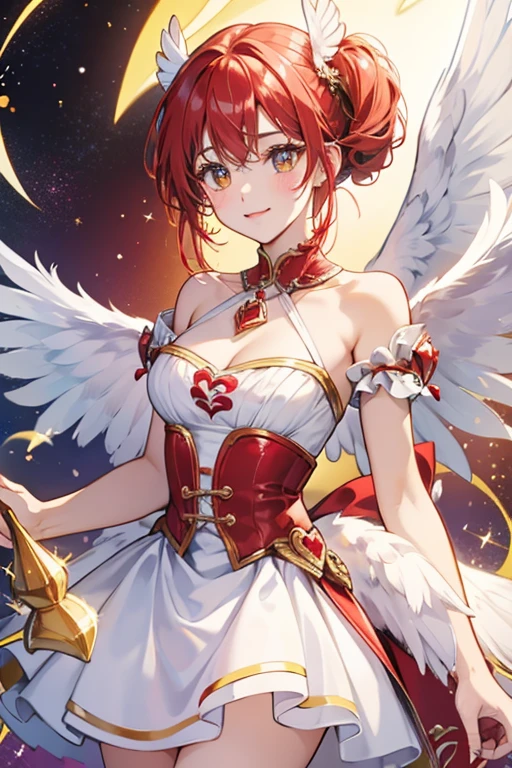 she appearance is a red heart with a yellow beak, and two white wings reminiscent of an angel. SPARKLE; GLITTER