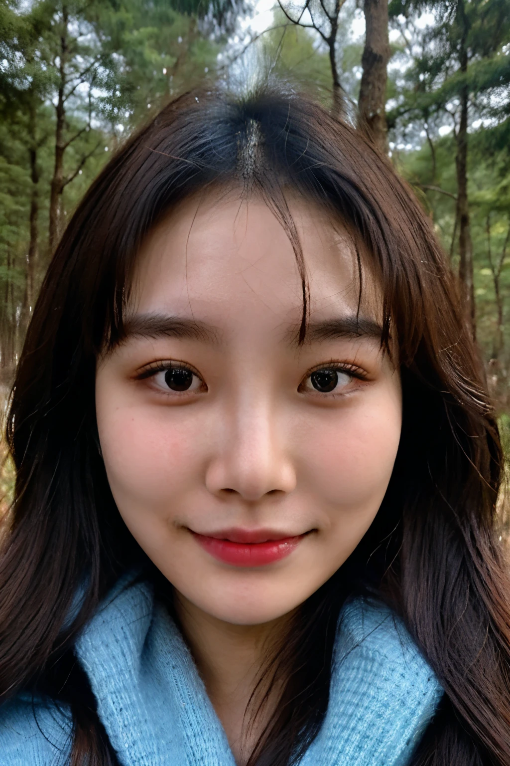 portrait photo, full-face, close-up of the face of a 25-year-old Korean girl in a blue sweater in the forest after the rain
