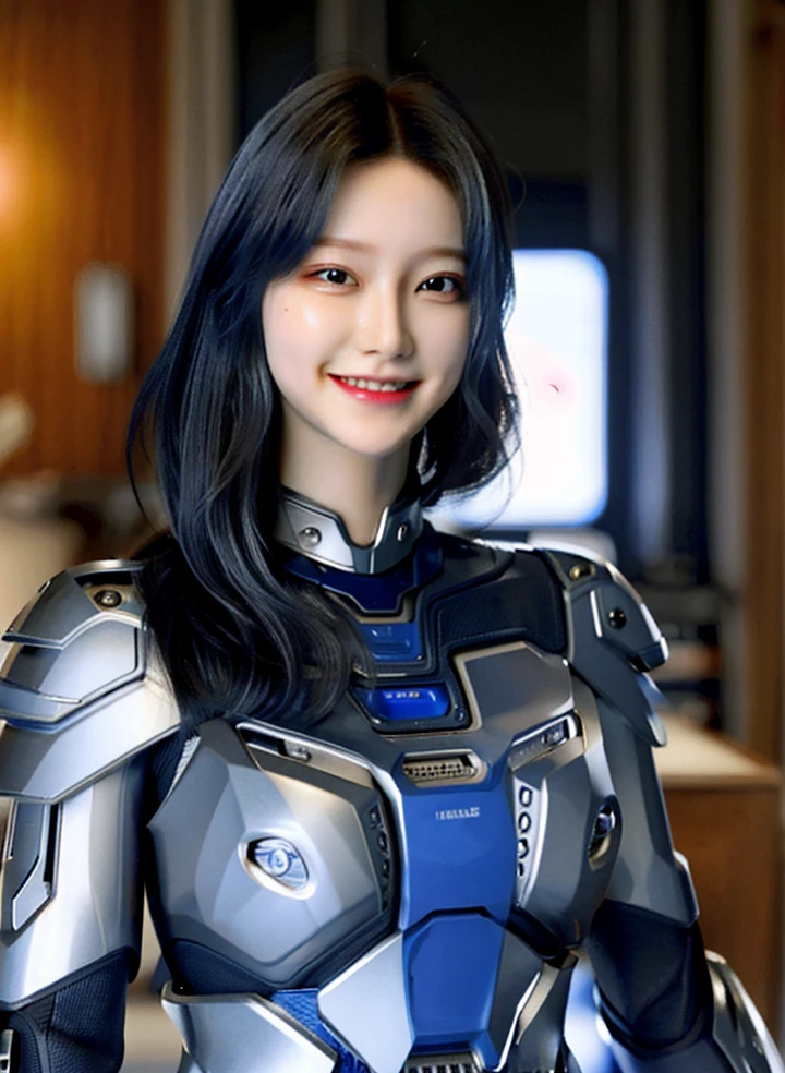 Armoured girl, realistic, long hair, blue robotics, smile,