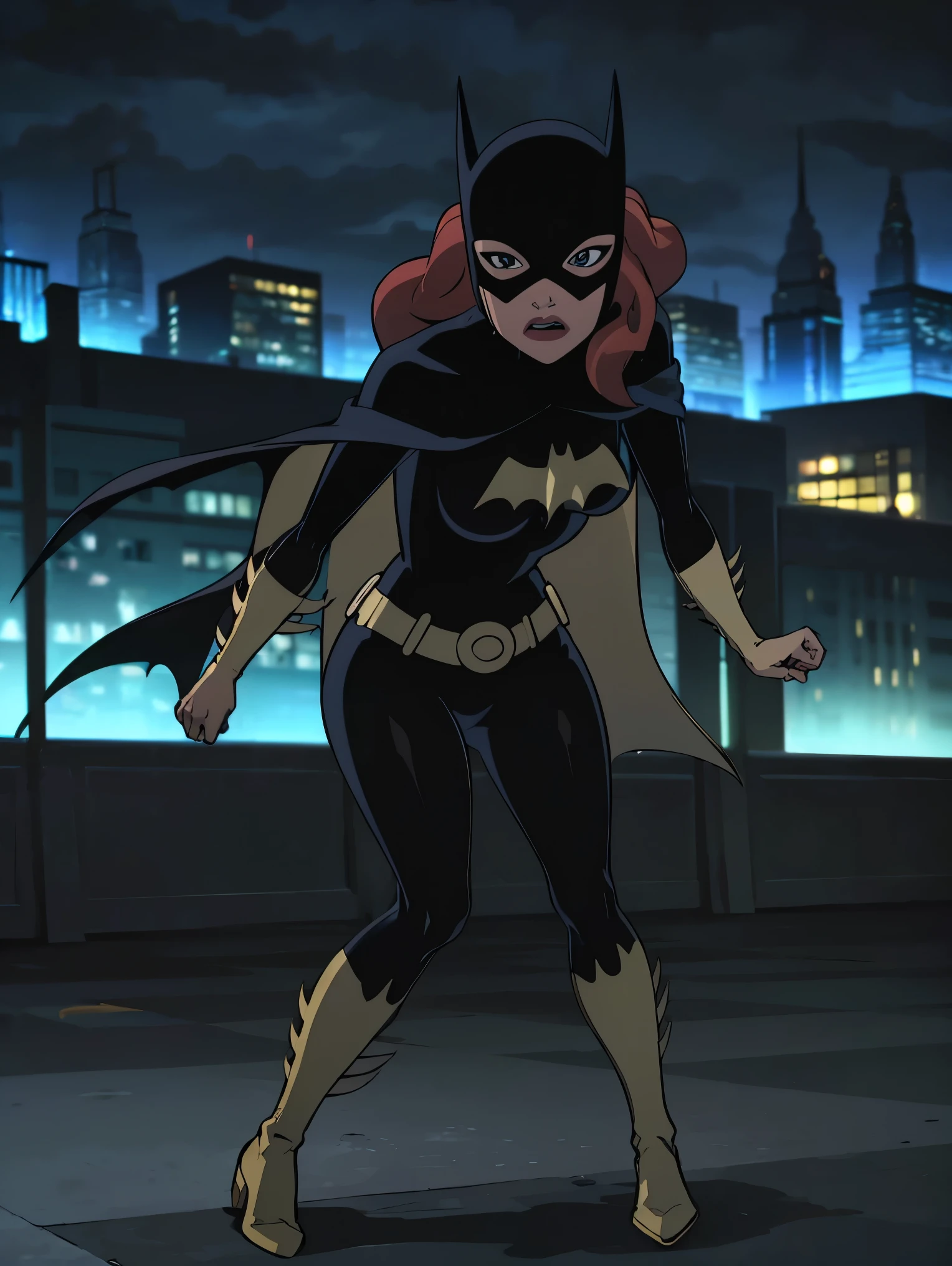 ((full body view)), Batgitlfit, cabelos muito longos, cabelos ruivos, cabelo entre os olhos, rabo de cavalo alto, Fechaduras laterais, olhos azuis, batgirl, roupas brilhantes, body impossible, pele apertada, saia, Olhando para o Viewer apavorada, (pernas musculosas:1.3), (((Batgirl is kicking the air, swinging on a rope, in the city skies, at night)))