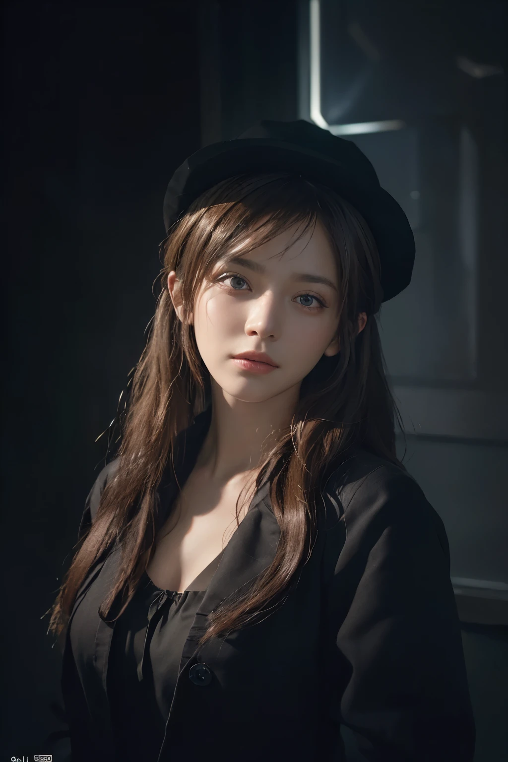 (front focus), (in the dark:1.6), Hyperrealist portrait of female by david hockney and alphonse mucha, fantasy art, photo realistic, dynamic lighting, artstation, poster, volumetric lighting, very detailed faces, 4 k, award winning, 1girl, in the dark, deep shadow, low key, cowboy shot, (official clothing:1.4), long hair, white hair