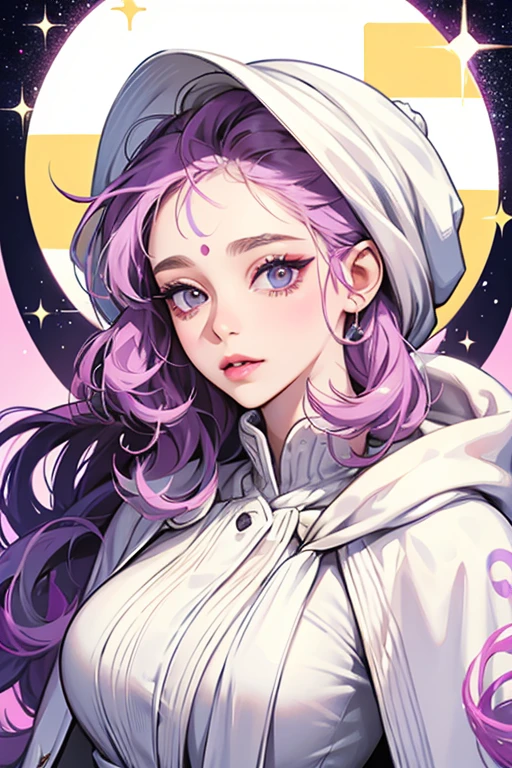she wears a white cloak and a large white turban. sHe has yellow skin, black eyes, pink lips, and a curly. sHe has a purple dot on her forehead.  SPARKLE; GLITTER