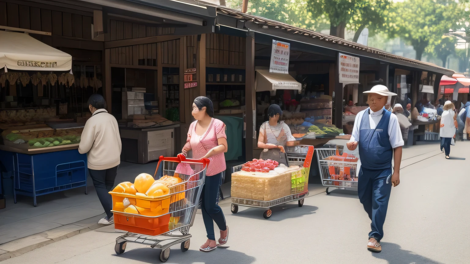 The morning market is full of life. People walking around Several shopping carts lined up. Various types of products lined up. Description: in the early morning This market is the center of life in the community.