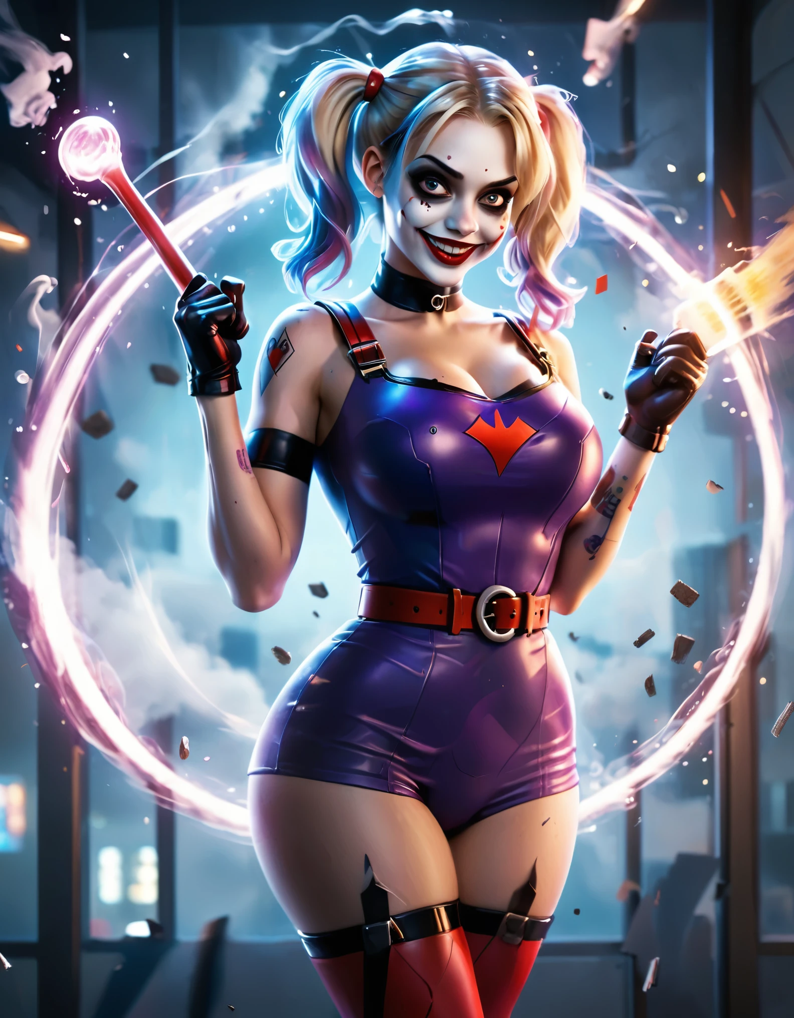 Create a vibrant and dynamic illustration of a character similar to Harley Quinn. The character should have playful and mischievous facial expressions, with a wide grin. She should have white face makeup with red and black designs resembling a clown, and her hair should be in two high pigtails, colored purple and blue. She is holding a wooden baseball bat over her shoulders, wearing a purple sleeveless dress that flares out with a red belt featuring a circular buckle. Her arms should display various colorful tattoos. The background should depict a dramatic night scene with a large full moon illuminating the sky. The sky should be painted with shades of purple and blue, and there should be dark, angular buildings in the background. The overall style should be bold, with strong lines and vibrant colors, giving a comic book feel. The atmosphere should be energetic and slightly chaotic, with flying debris and dynamic lighting effects. Ultra realistic photo, vibrant colors, 16k